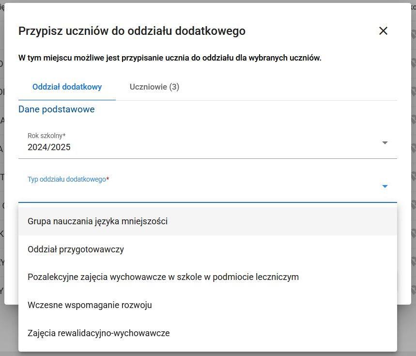 Widok formularza przypisania uczniów do oddziału dodatkowego z wyborem typu oddziału dodatkowego