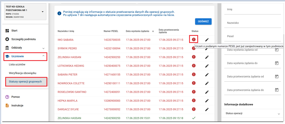 widok na dane przetworzone z błędem