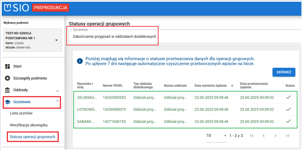 widok na przetworzone wpisy w kolorze zielonym