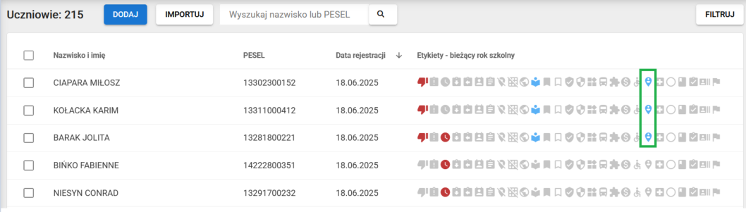 zaznaczone etykiety w kolorze niebieskim