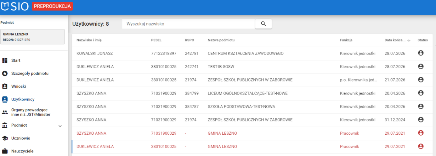 Lista użytkowników z widokiem na cofnięte upoważnienie