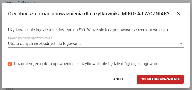 Okienko z widokiem do zaznaczenia checkbox i informacją rozumiem ,że cofam upoważnienie