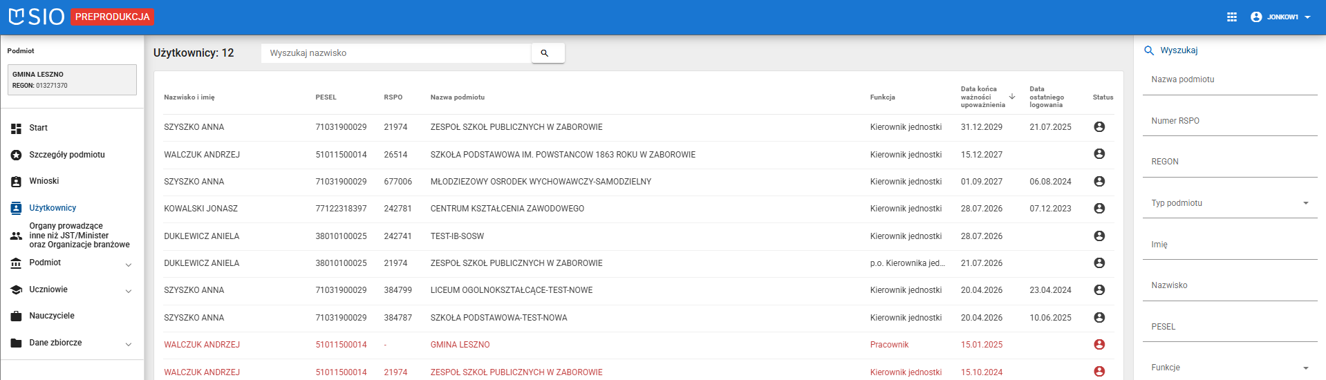Okno systemu SIO z zaznaczonym wyborem zakładki użytkownicy po lewej stronie ekranu