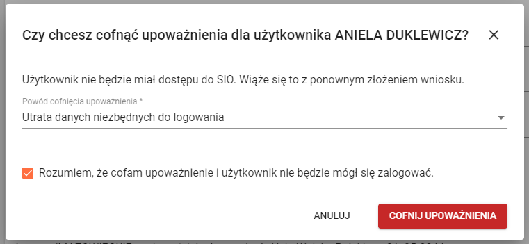 Okno z widokiem na funkcję cofnij upoważnienie