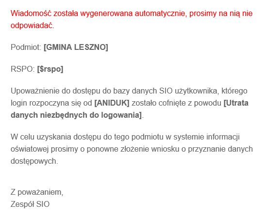 Okno z widokiem na treść wiadomości przychodzącej na e-mail osoby, której zostało cofnięte upoważnienie – upoważnienie dla wskazanego użytkownika zostało cofnięte