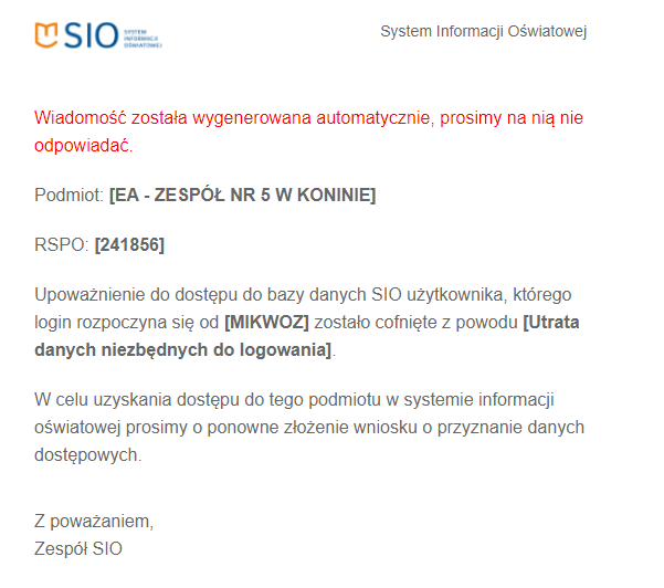 Okno z widokiem na treść wiadomości przychodzącej na e-mali osoby, której zostało cofnięte upoważnienie – upoważnienie dla wskazanego użytkownika zostało cofnięte