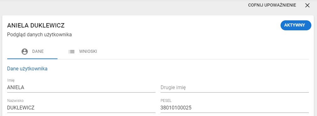 okno z wybranym upoważnieniem do cofnięcia