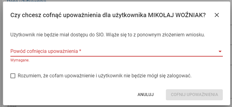 przycisk potwierdzenia: rozumiem że cofam upoważnienie i użytkownik nie będzie się mógł logowa