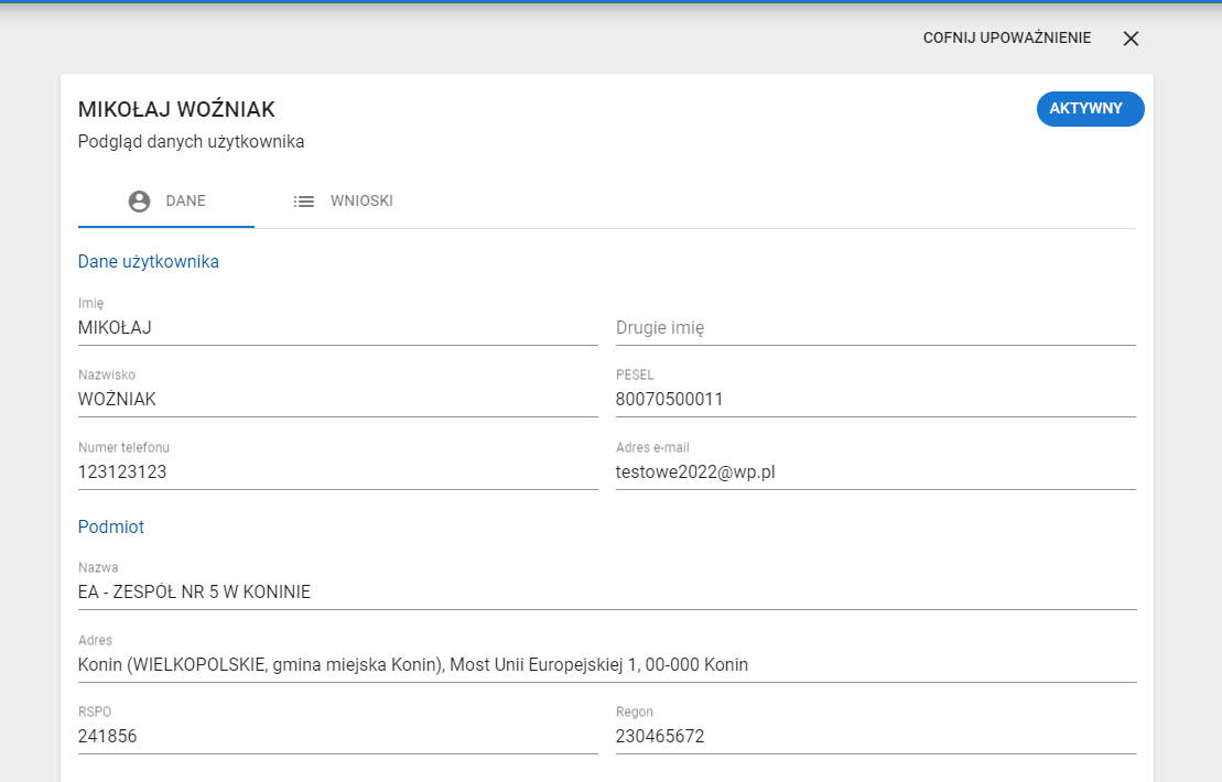 Widok danych wniosku osoby, której upoważnienie ma zostać cofnięte