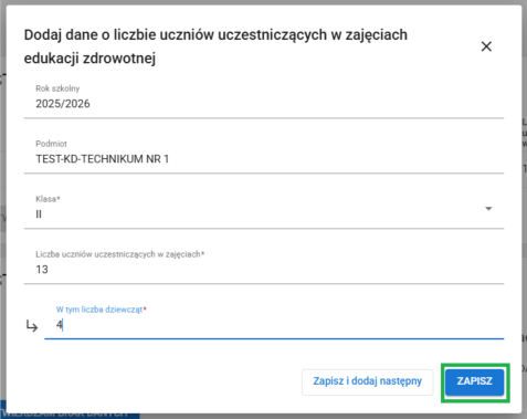 formularz dane o liczbie uczniów uczestniczących w zajęciach edukacji zdrowotnej oraz oznaczony przycisk zapisz 