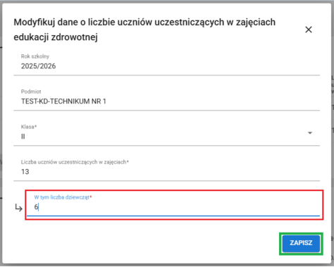 formularz modyfikuj dane o liczbie uczniów uczestniczących w zajęciach edukacji zdrowotnej 