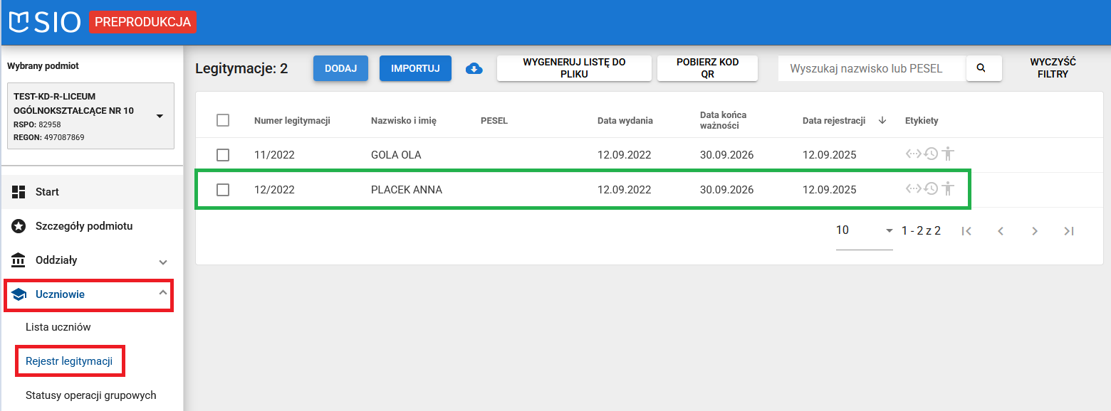 lista wpisów w rejestrze legitymacji 