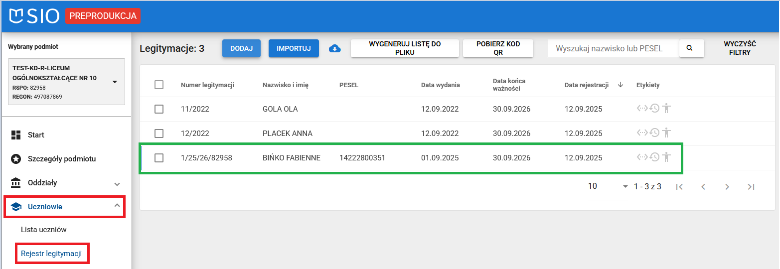 lista wpisów w rejestrze legitymacji