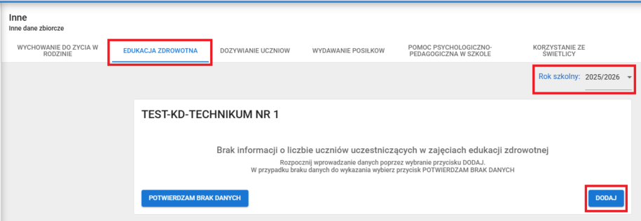okno dane zbiorcze inne zakładka edukacja zdrowotna z zaznaczonym przyciskiem dodaj