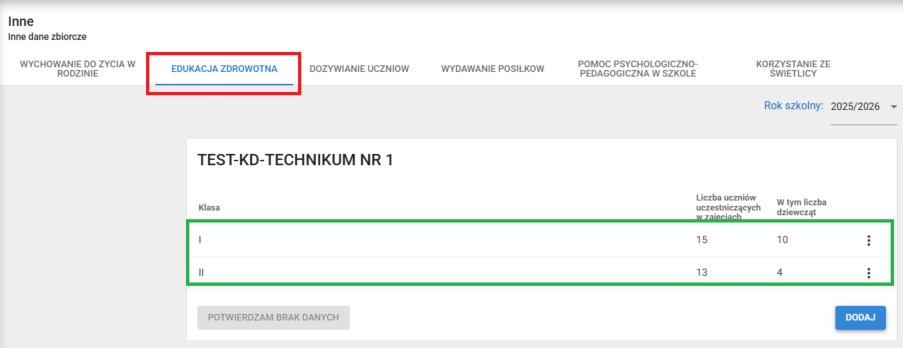okno dane zbiorcze inne zakładka edukacja zdrowotna z zaznaczonym fragmentem po wprowadzeniu danych