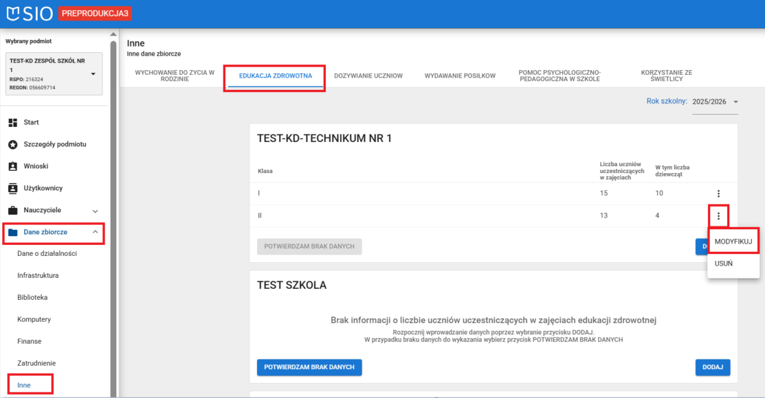 okno dane zbiorcze inne zakładka edukacja zdrowotna z zaznaczonym przyciskiem modyfikuj
