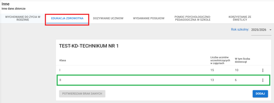 okno dane zbiorcze inne zakładka edukacja zdrowotna z zaznaczonym fragmentem po modyfikacji danych