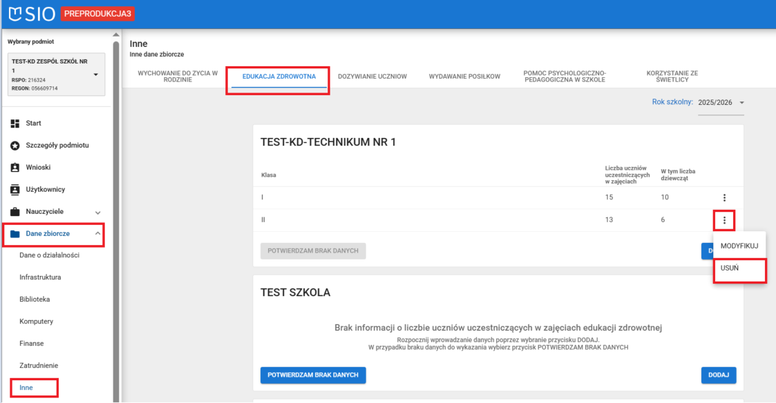 okno dane zbiorcze inne zakładka edukacja zdrowotna z zaznaczonym przyciskiem usuń