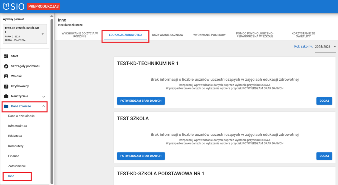 okno dane zbiorcze inne zakładka edukacja zdrowotna 
