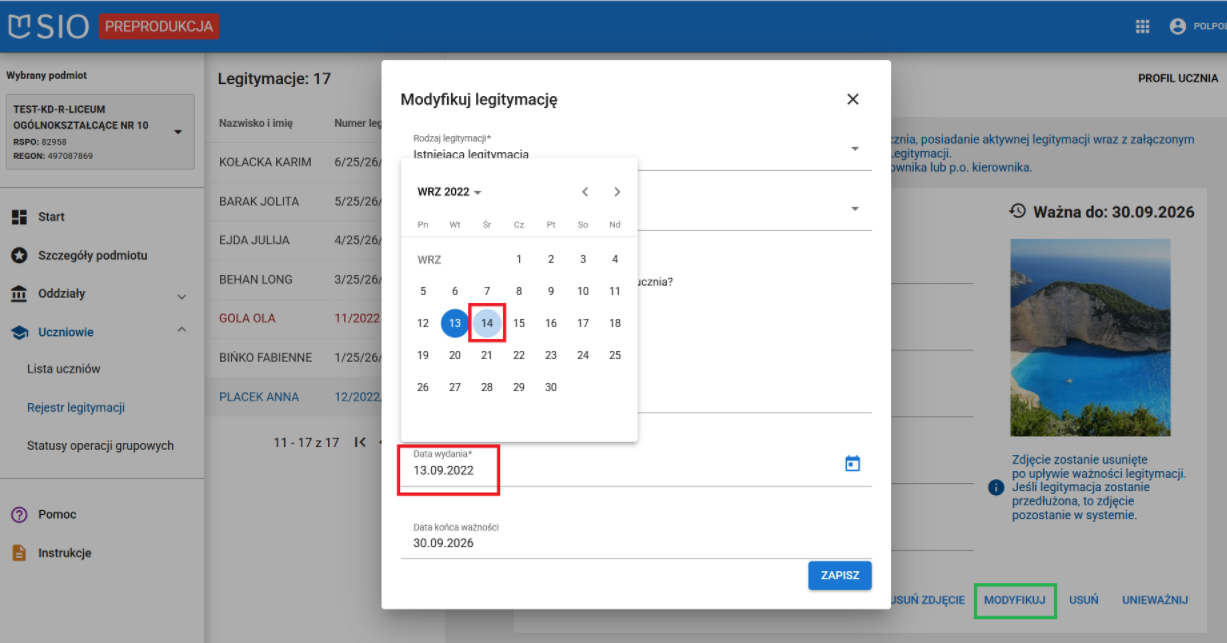 okno modyfikacji wpisu daty wydania legitymacji 