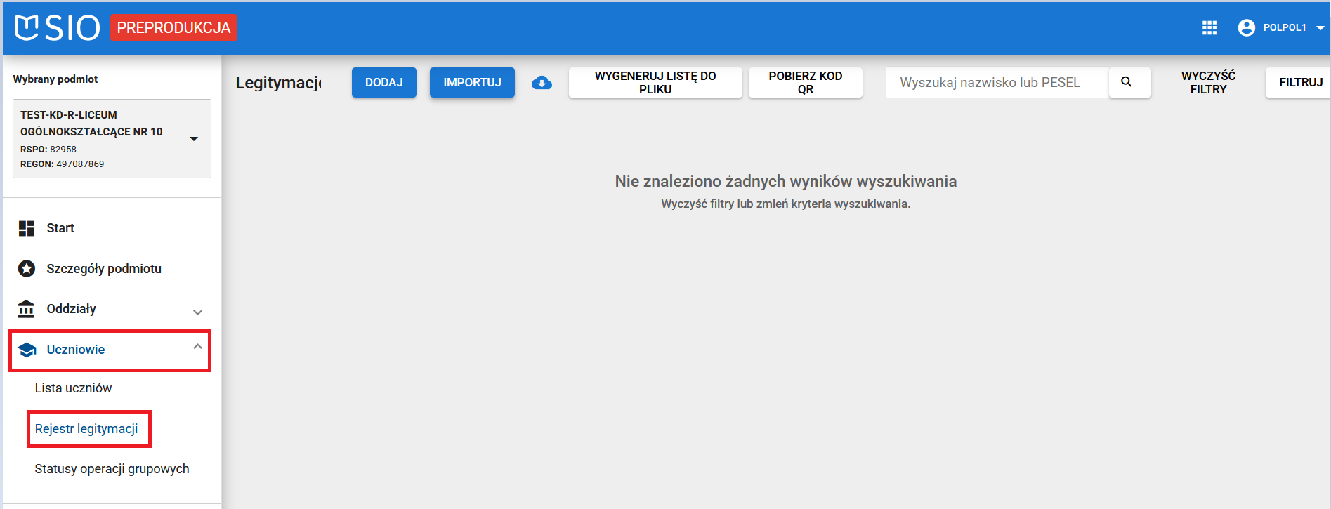 okno rejestru legitymacji