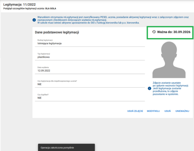 okno z ponownie aktywną legitymacją 
