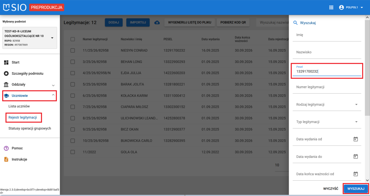 okno z przykładowymi filtrami i opcja wyszukaj