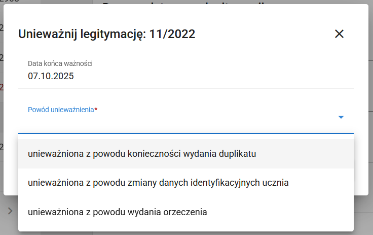 okno z widokiem na powód unieważnienia legitymacji 