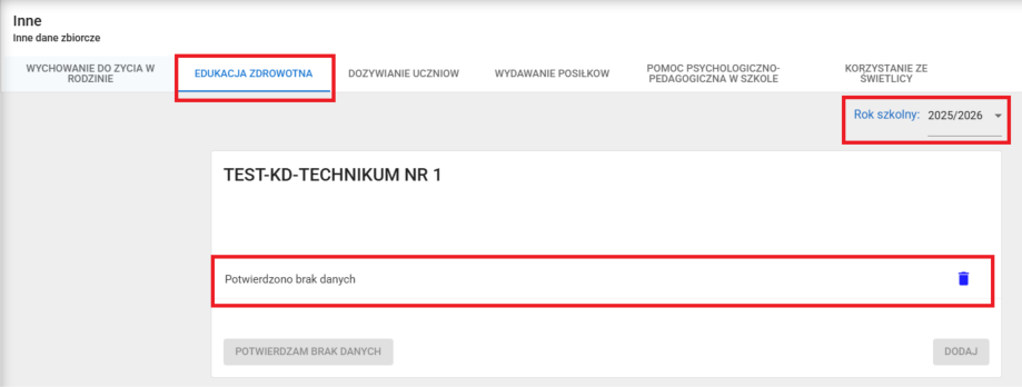 okno z wykazanym brakiem danych 