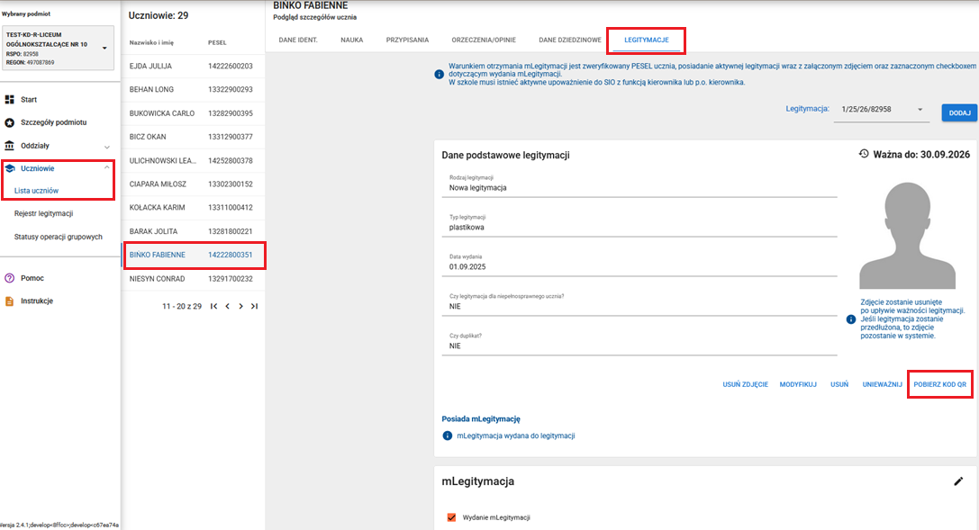 okno z zaznaczoną opcją pobierz kod qr