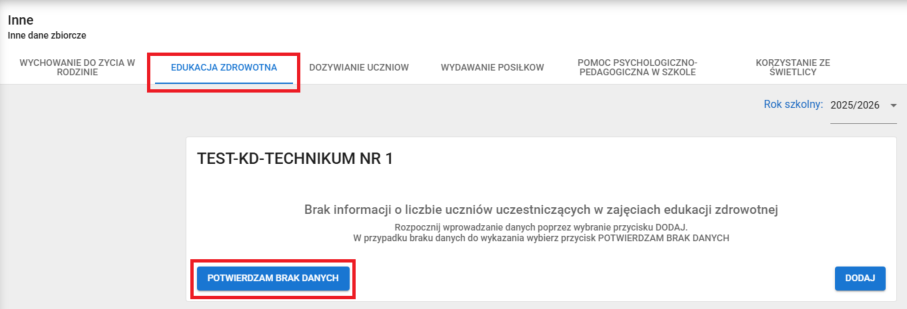 okno z zaznaczoną opcją potwierdzam brak danych