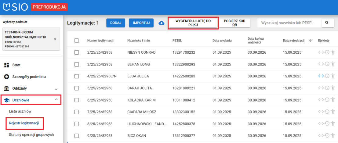 okno z zaznaczoną Wygeneruj listę do pliku