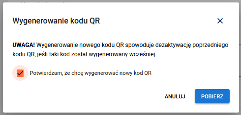 okno z zaznaczonym checkobx Potwierdzam, że chce wygenerować kod 