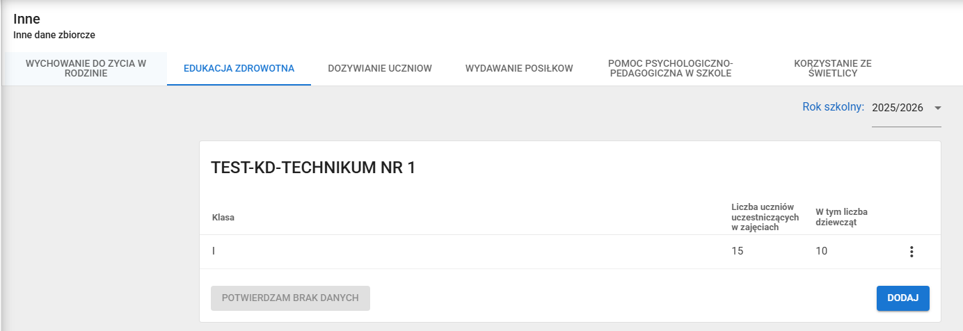 okno zakładka edukacja zdrowotna po usunięciu wybranych danych