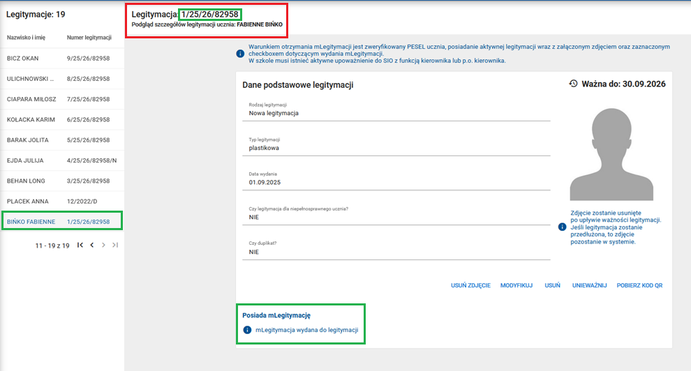 okno ze szczegółami zarejestrowanej legitymacji 