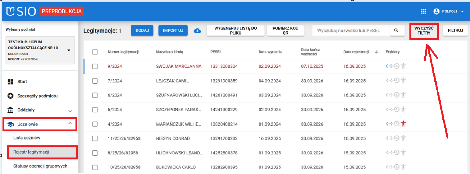 opcja Wyczyść filtry – która odgórnie pokazuje tylko aktywne legitymacje, a unieważniona legitymacja jest ważna do końca dnia.
