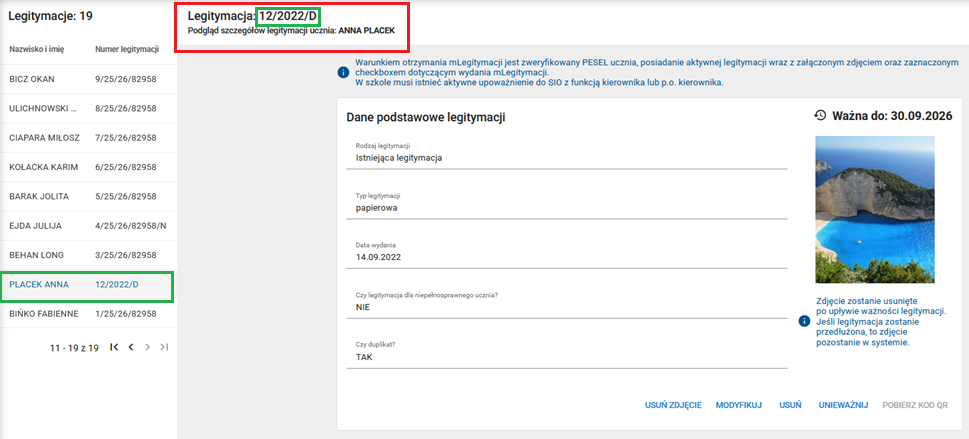 Podgląd szczegółów zarejestrowanej legitymacji 