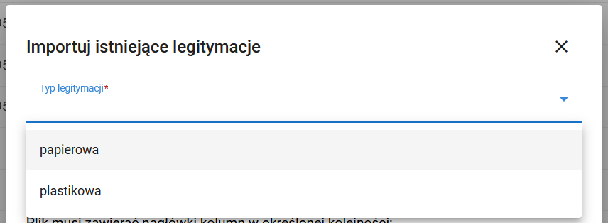 pole ze wskazaniem typu legitymacji 