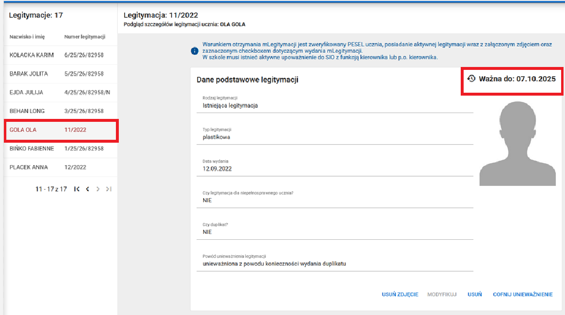 szczegóły zapisu unieważnionej legitymacji 