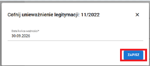 W oknie cofnięcia unieważnienia zaznaczony przycisk ZAPISZ