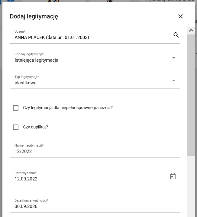 widok na uzupełnione dane dotyczące legitymacji