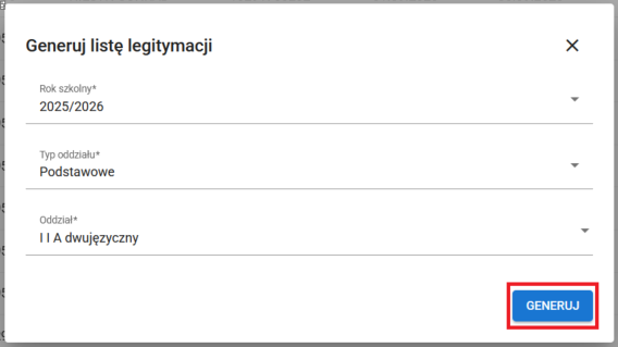 widok na zaznaczone dane do generowania pliku