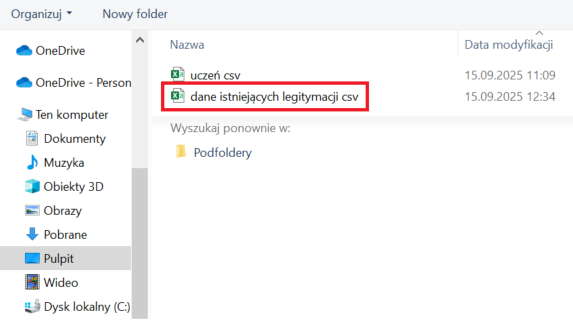 wybrany wcześniej przygotowany plik 