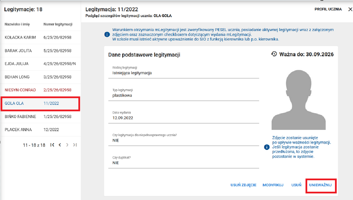wybrany wpis ucznia z zaznaczoną opcją UNIEWAŻNJI