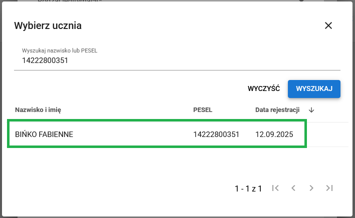 wyszukany wpis ucznia 
