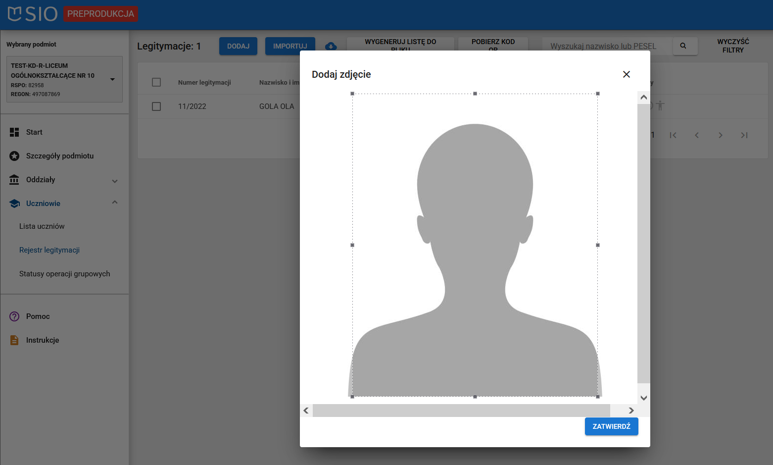 zaczytane zdjęcie ucznia w systemie 