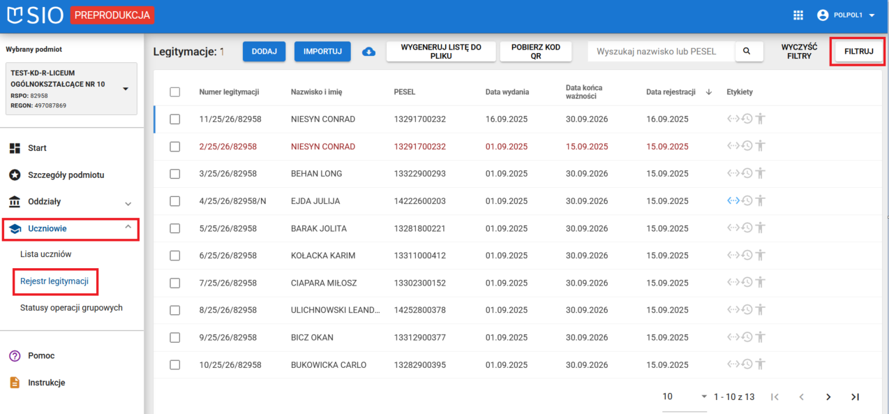 zaznaczony przycisk filtrowania