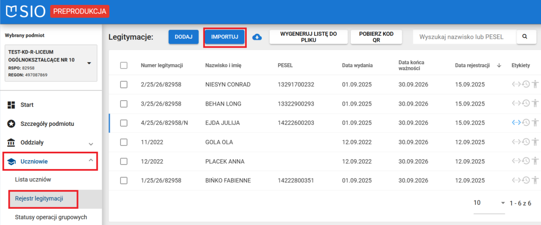 zaznaczony przycisk Importuj 