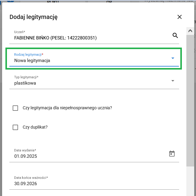 zaznaczony rodzaj legitymacji "nowa"