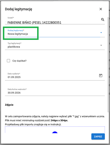 zaznaczony rodzaj legitymacji "nowa"